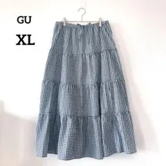 GU　ジーユー　ロングフレアスカート　XL　白黒　チェック　ウエストゴム　437