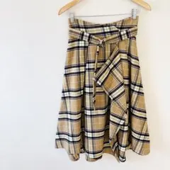 ウエストベルト付きチェック柄ラップスカート　フリー　ロング　イレギュラーヘム