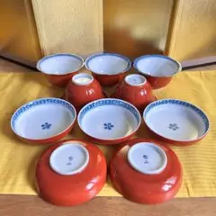 【未使用品】有田焼　哲山窯　朱巻七宝　輪花小鉢と小皿揃　5客10点セット　〜梅〜