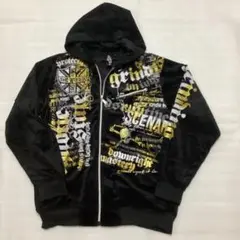 ベロア　パーカー　スカル　ドクロ　Y2Ｋ　黒×ゴールド チェーン付き