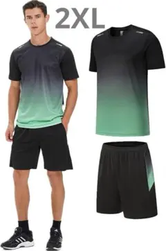 通気性抜群‼️半袖 スポーツウェア ランニングウェア 上下セット グリーン