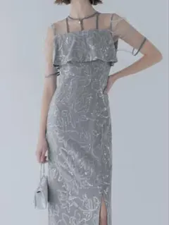 ドットチュールフラワースパンコールIラインワンピースドレス結婚式パーティー二次会