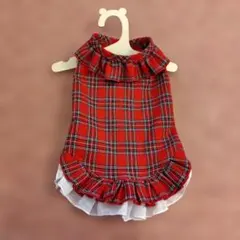 犬服　ハンドメイド　赤とチェック柄　ローウエストのワンピース