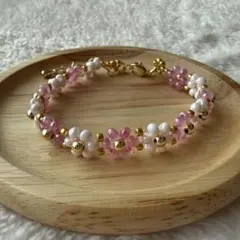 ハンドメイド ビーズ ブレスレット ミルキーピンク×ジェリーピンク フラワー 花