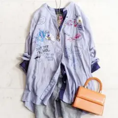 美品【大きいサイズXL】デシグアル Desigual 刺繍 ワッペン シャツ 青