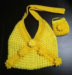 グラニースクエアポシェット　トートバッグ手編み　花鞄ハンドメイド　小物入れ手編み