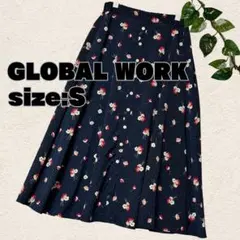 GLOBAL WORK 花柄 フレアスカート フロントボタン ネイビー S