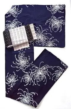 大人の女浴衣乱菊花柄紺色花模様紺地浴衣着物ホワイトネイビーゆかた注染白抜き女物