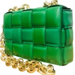 美品 2way レディース ショルダー ハンドバッグ 緑 グリーン 金 鎖