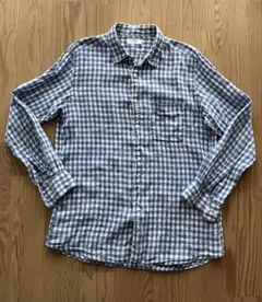 ユニクロ　メンズ長袖　ブルーギンガム　麻100%シャツ　XL