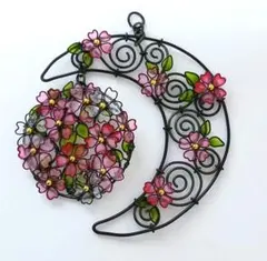 ワイヤークラフト　月と満開の桜の壁飾り　ハンドメイド壁飾り