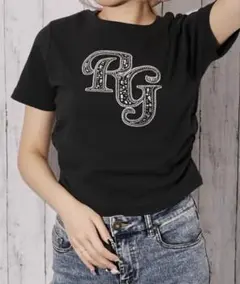 ギャザー・ビジュー フライスＴシャツ ラインストーン 黒 ブラック Fサイズのサムネイル