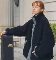 ボア×ナイロン リバーシブル スタンド オーバーサイズブルゾン　チャコールグレー