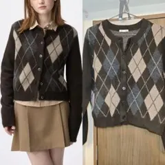 GU パフニットアーガイルクルーネックカーディガン DARK BROWN