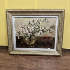 額装品 印刷画 フランス・ウールデル 桜の花 静物画 ボウル ガラス花瓶