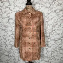 【Anna Lisa】イタリア製　レトロ千鳥柄ロングコートオレンジ系40サイズ