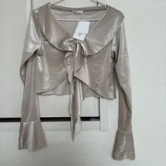 フリルリボンベージュ長袖トップス Mパーティーボレロ