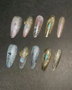 19 ネイルチップ10個セット　ピンクとブルー　異色　ラメ　金属感　マグネット