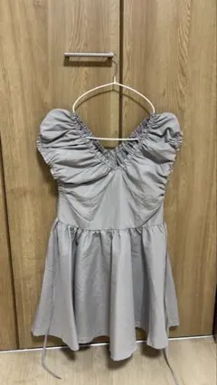 ギャザー パフスリーブ ミニワンピース グレー