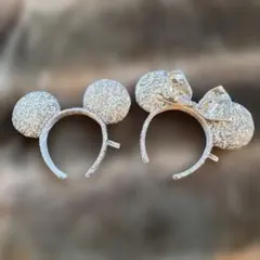 ミッキー　ミニー　スパンコールカチューシャセット　シルバー