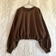 ザラ クロップド丈 スウェット トレーナー 茶 M 裾ゴム ボリューム袖