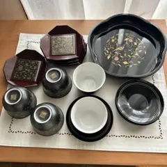 kansai漆器 菓子器セット 花と鳥の金彩装飾 6点、瑞陶窯 湯飲みセット