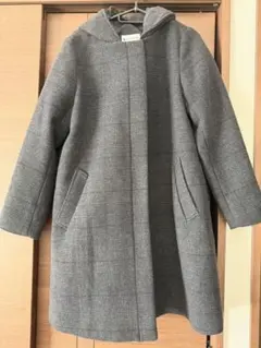 GLOBAL WORK フード　ロングコート M ダークグレー　チェック