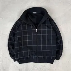 ジップアップブルゾン チェック ジャケット 黒 シンプル カジュアル 大きめ