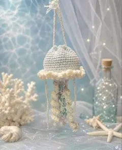 クラゲ　巾着袋　水色　ハンドメイド　編み物　かぎ針編み　夏にぴったり　小物入れ