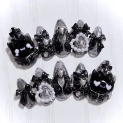 No.466　ネイルチップ 量産型 地雷系 サブカル 平成女児 猫 黒 ブラック