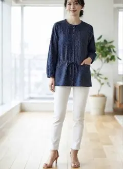 HUMAN WOMAN ドット柄 前開きチュニック ウエストリボン 日本製のサムネイル