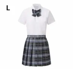 コスプレ衣装 制服 レディース ３点セット Lサイズ 青系 チェック 半袖シャツ