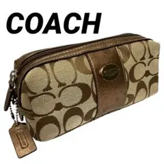 COACH コーチ ブラウン ロゴポーチ キャンパス レザー