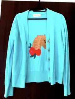 【未使用級】フランシュリッペ 水色 馬とリンゴ刺繍 ウール ニットカーディガンM