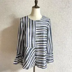 ZARA BASIC/ブルー系 ストライプ柄長袖ブラウス フレアスリープ S