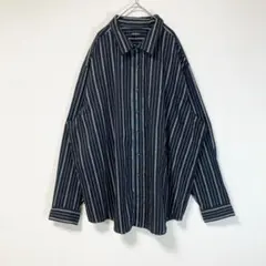 柄シャツ　３L　長袖　総柄　古着　ストライプ　黒　ロング丈　メンズ　ゆるダボ