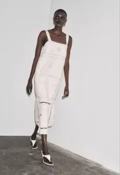 極美品ZARA(ザラ)刺繍ホワイトロングワンピースドレス