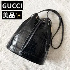 美品✨GUCCI グッチ　クロコ型押し　巾着ショルダーバッグ　ゴールド金具　黒
