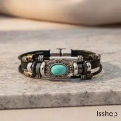 ☆残り僅か☆ターコイズ ブレスレット ブラックレザー アンティーク調 エスニック