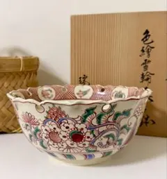 京焼　清水焼　加賀瑞山造　萬古窯　色絵雪輪　菓子鉢　瑞山造　鉢　木箱 京焼 清水焼 加賀瑞山造 萬古窯 色絵雪輪 菓子鉢 瑞山造 鉢 木箱