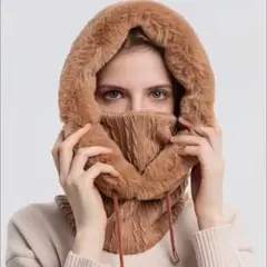 バラクラバ　ブラウン　茶色　 ニット帽　ファー付き　男女兼用　ネックウォーマー