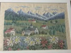 クロスステッチ完成品 フラワーガーデン 花の咲く風景 アルプス
