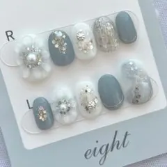 【現品】ぷっくりフラワー／ミラー／ニュアンス／天然石／成人式／くすみブルー