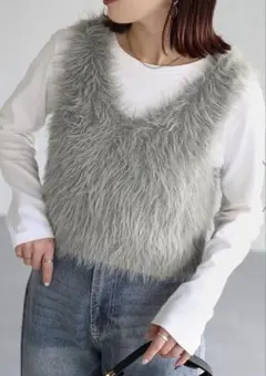 グレー 2WAYシャギーニットベスト Vネック