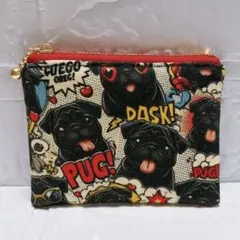 ミニミニポーチ　フラットポーチ　ファスナーポーチ　ハンドメイド　黒パグちゃん