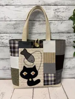 両面パネル ファスナー付きミニトート 猫 パッチワーク - メルカリ