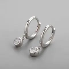 一粒 ジルコニア 垂れ下がり シンプル フープ ピアス シルバー 925 刻印