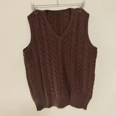 ブラウン ケーブルニット Vネック ベスト