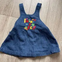 平成　レトロ　ミキハウス　美品刺繍入りダークブルーサロペットワンピース 84