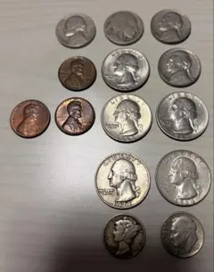 アメリカ銀貨含む古銭14枚まとめ売り 銀90％クォーター＆ダイム入りUSA アメリカクォーターダラー銀貨1942.1959.1962.1964x2 古銭 - メルカリ